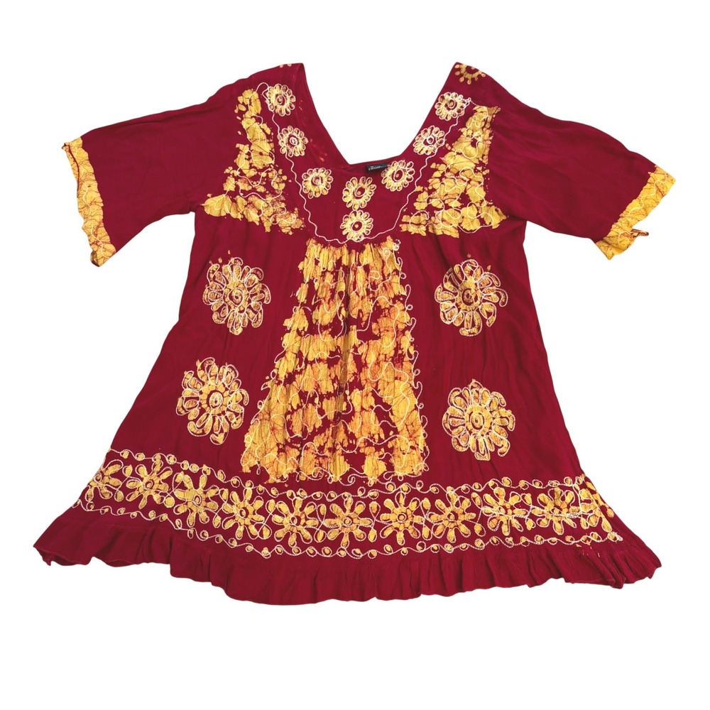 SR Fashion  Boho Red Yellow Batik Floral Embroidered Ruffle Hem Rayon Tunic OS